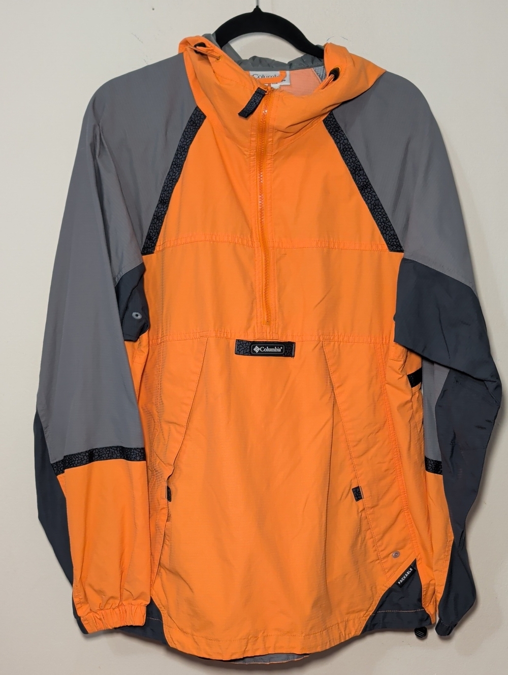 Columbia Vintage Packable Hooded Windbreaker Orange Gray Full-Zip Men's Size M